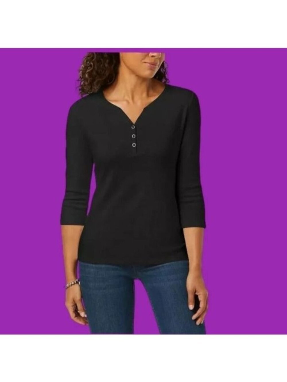 Karen Scott Womens Black 3/4 Sleeve Henley Top Cotton Blend Casual Shirt Petite